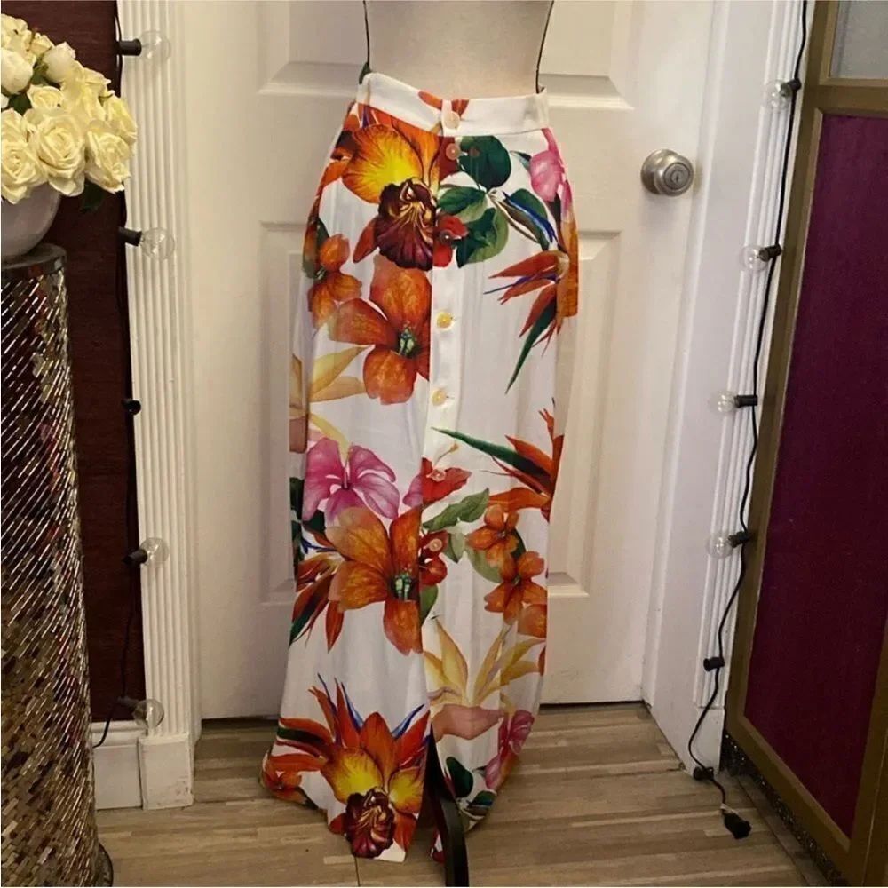 Osklen Floral Maxi Skirt in White with Orange and Pink Accents, S